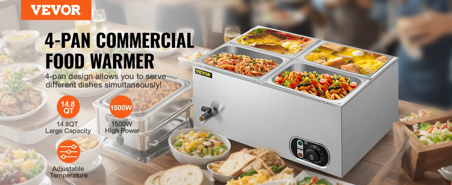 Calentador de alimentos VEVOR con 4 cacerolas, alta potencia y gran capacidad de 14,8 qt para diversos platos.