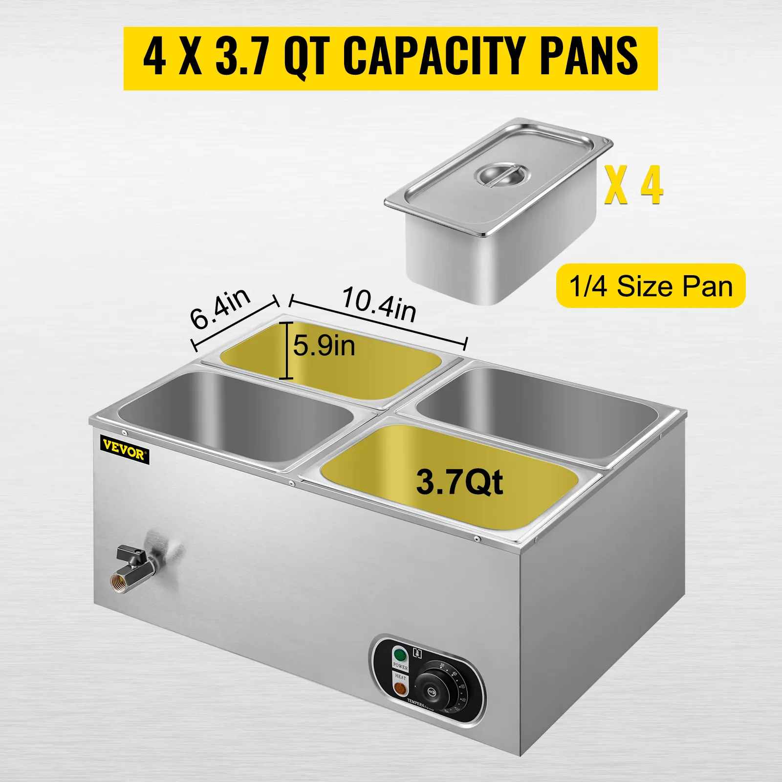 Calentador de alimentos VEVOR con 4 cacerolas de 3,7 qt de capacidad, tamaño 1/4, acero inoxidable.