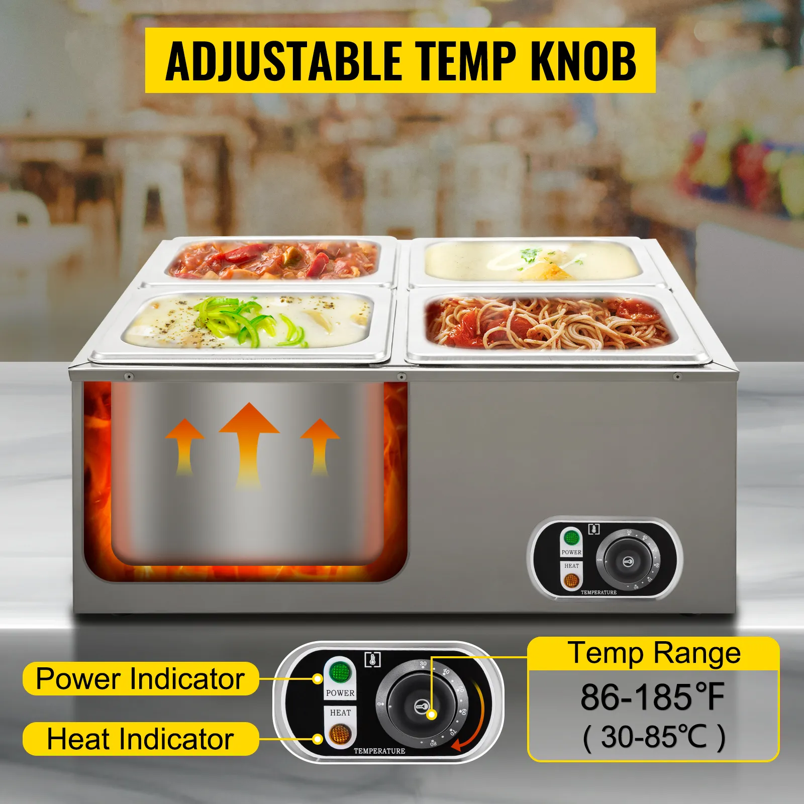 Calentador de alimentos VEVOR con perilla de temperatura ajustable, que muestra indicadores de potencia y calor.