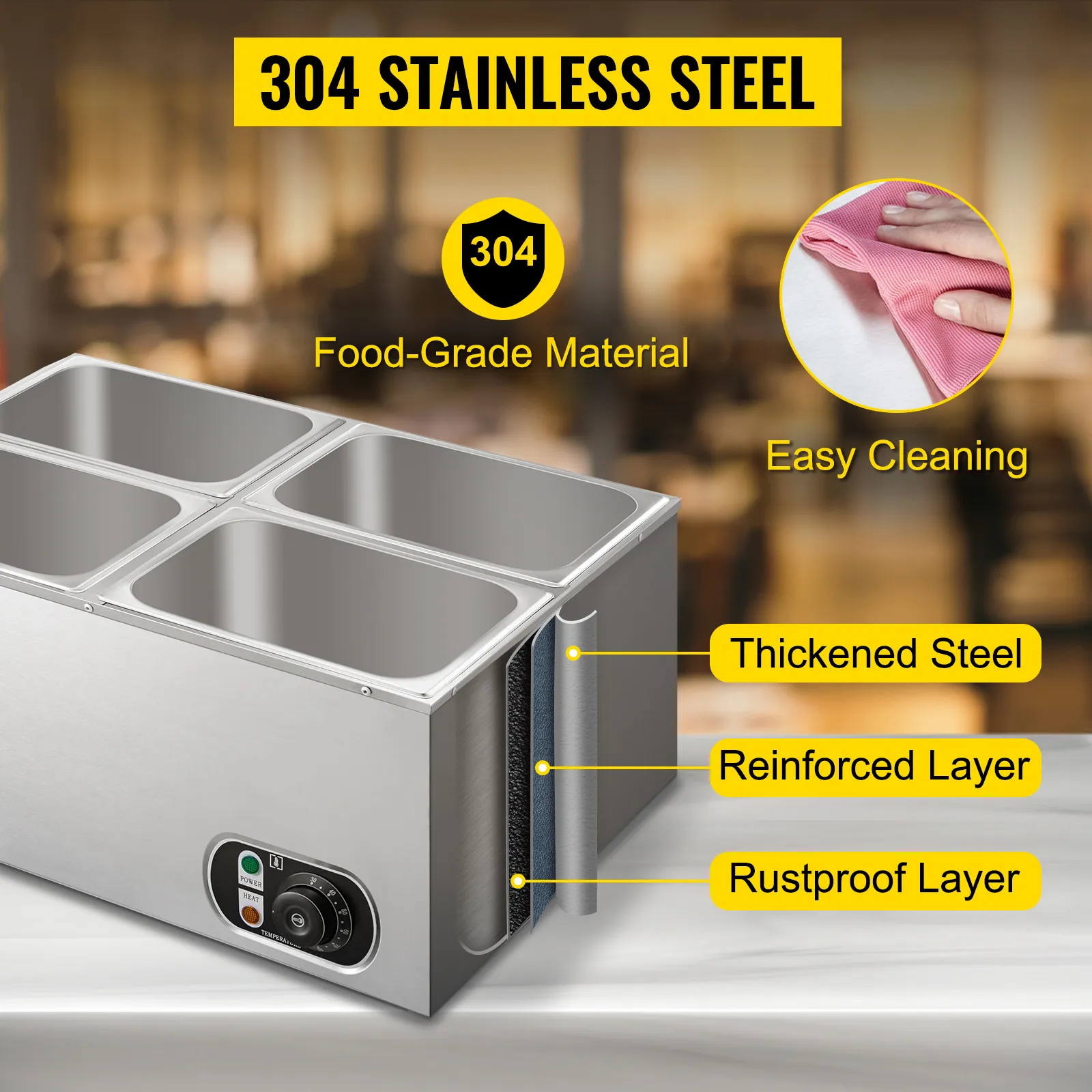 Calentador de alimentos VEVOR con acero inoxidable 304, material de grado alimenticio y características de fácil limpieza.