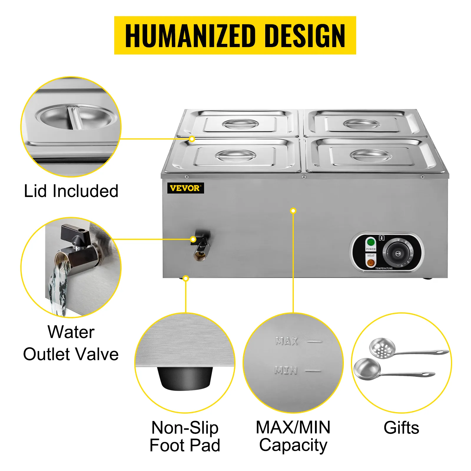Calentador de alimentos VEVOR con cuatro tapas, válvula de salida de agua, almohadilla antideslizante para los pies y control de temperatura.