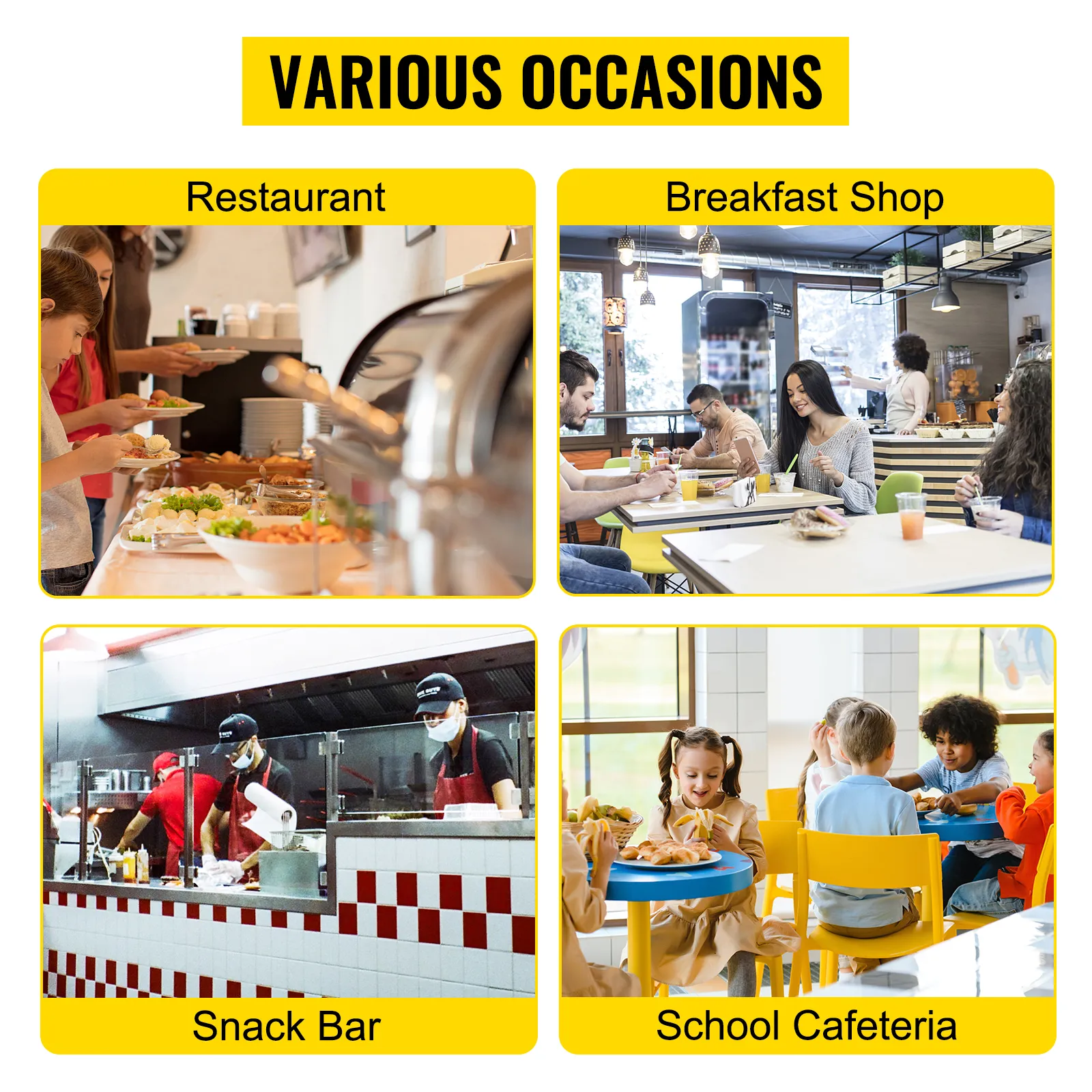 Calentador de alimentos VEVOR utilizado en restaurantes, cafeterías, bares y cafeterías escolares.