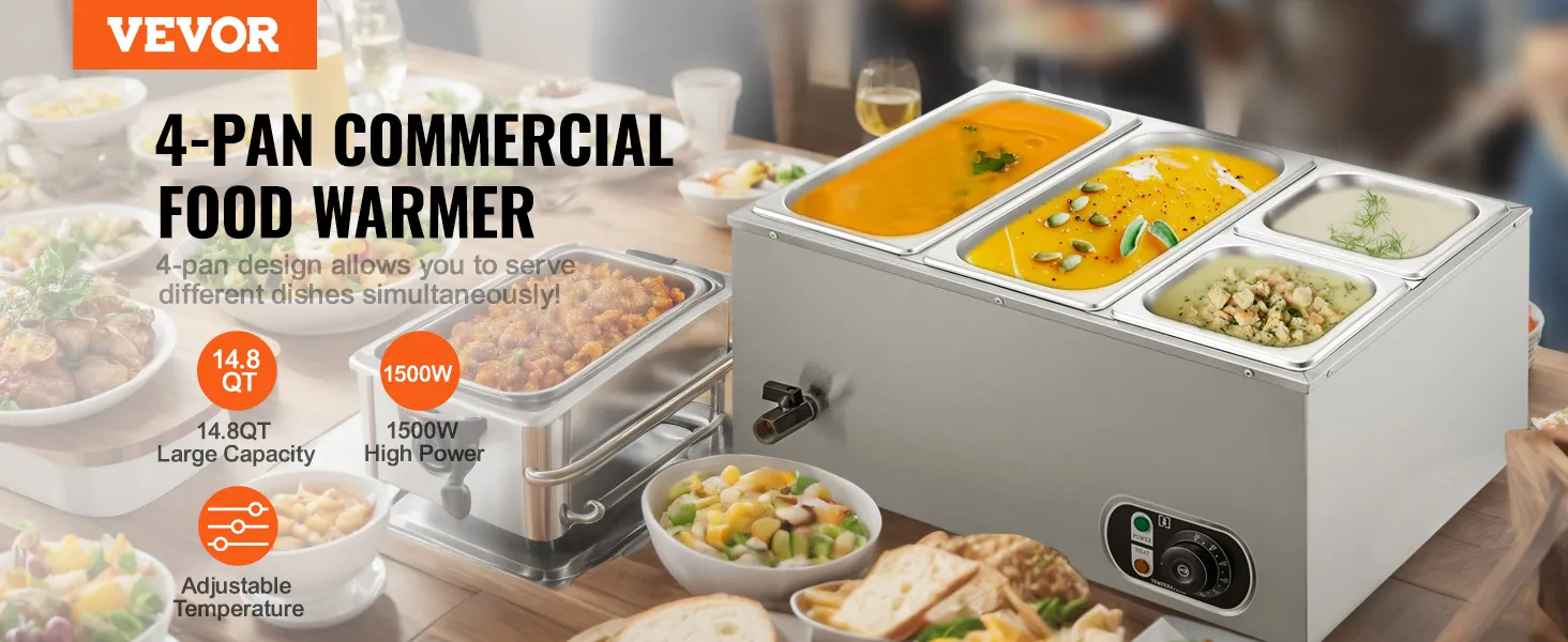 Calentador de alimentos VEVOR con cuatro bandejas, capacidad para varios platos y temperatura ajustable.