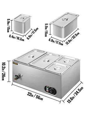 Calentador de alimentos VEVOR con tres cacerolas de acero inoxidable y dimensiones indicadas.