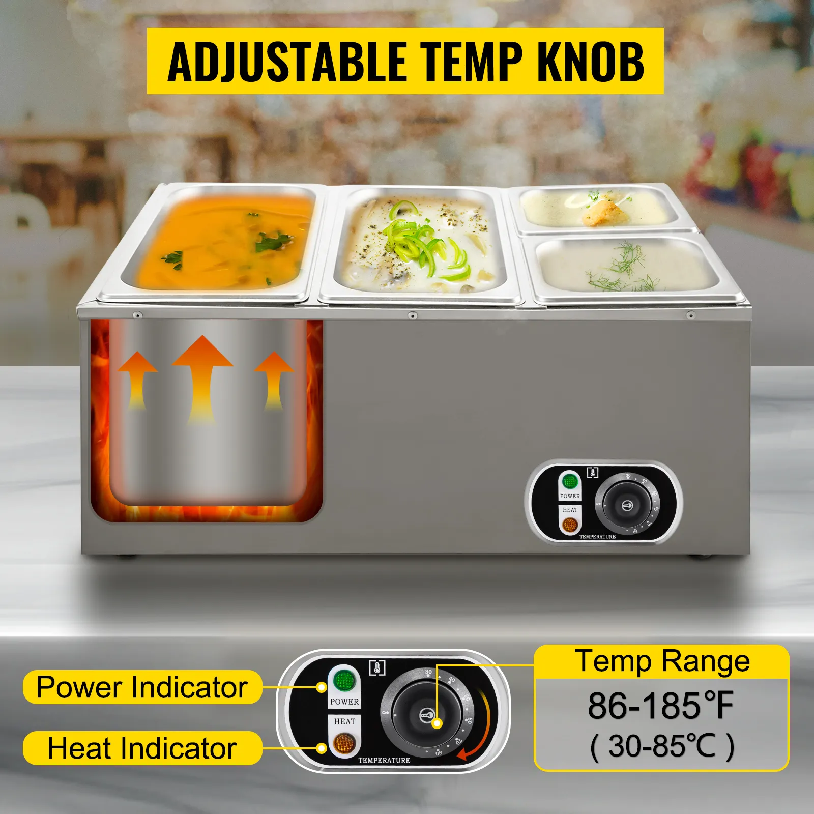 Calentador de alimentos VEVOR con perilla de temperatura ajustable, indicadores de potencia y calor, rango de temperatura 86-185 °f.