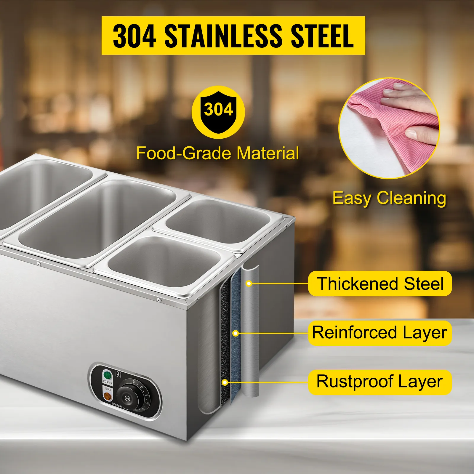 Calentador de alimentos VEVOR con acero inoxidable 304, fácil limpieza y capa antioxidante.