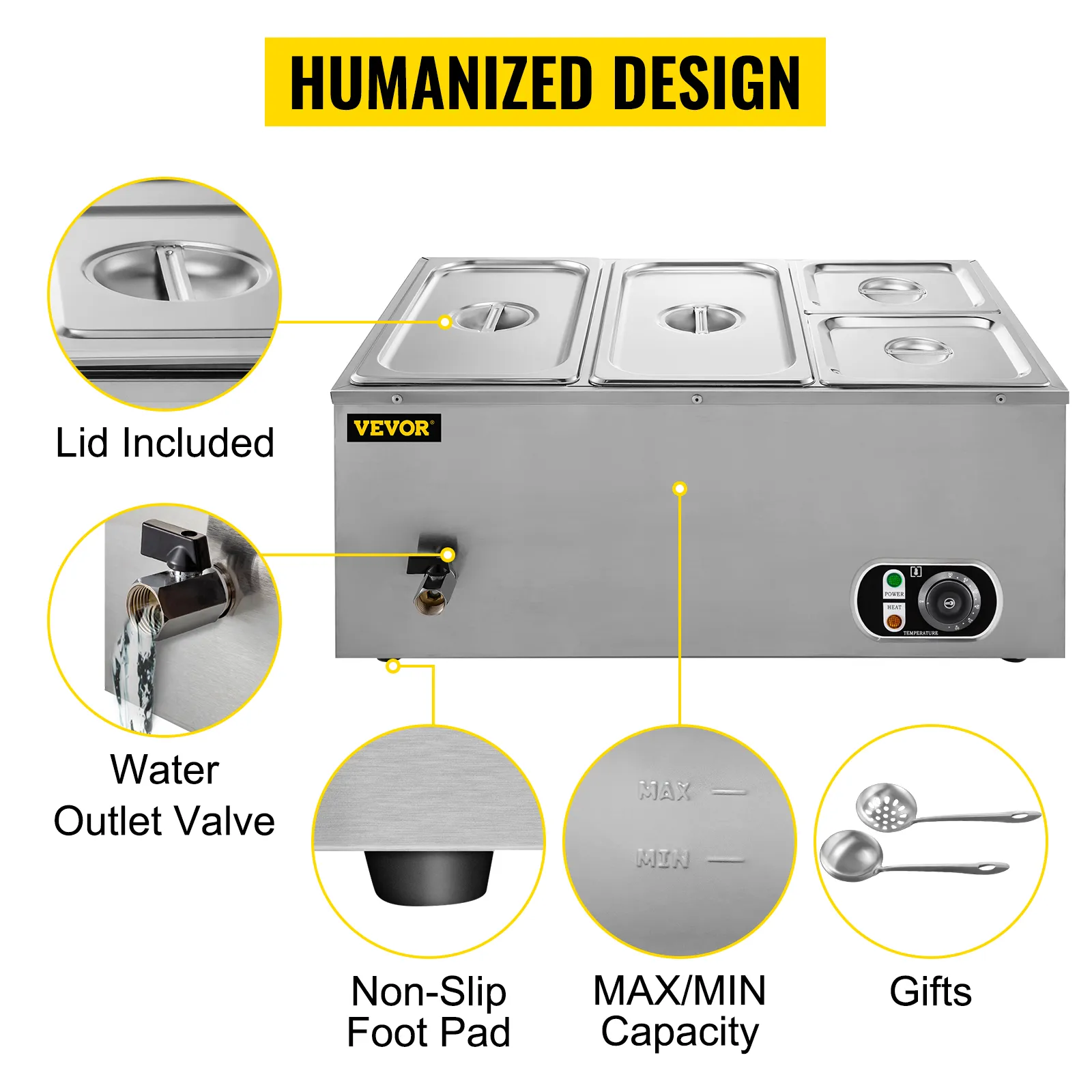 Calentador de alimentos VEVOR con tapa, válvula de salida de agua, almohadilla antideslizante para el pie y capacidad máxima/mínima.