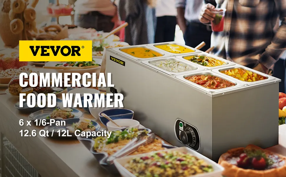 Calentador de alimentos comercial VEVOR que muestra seis cacerolas en un buffet con varios platos.