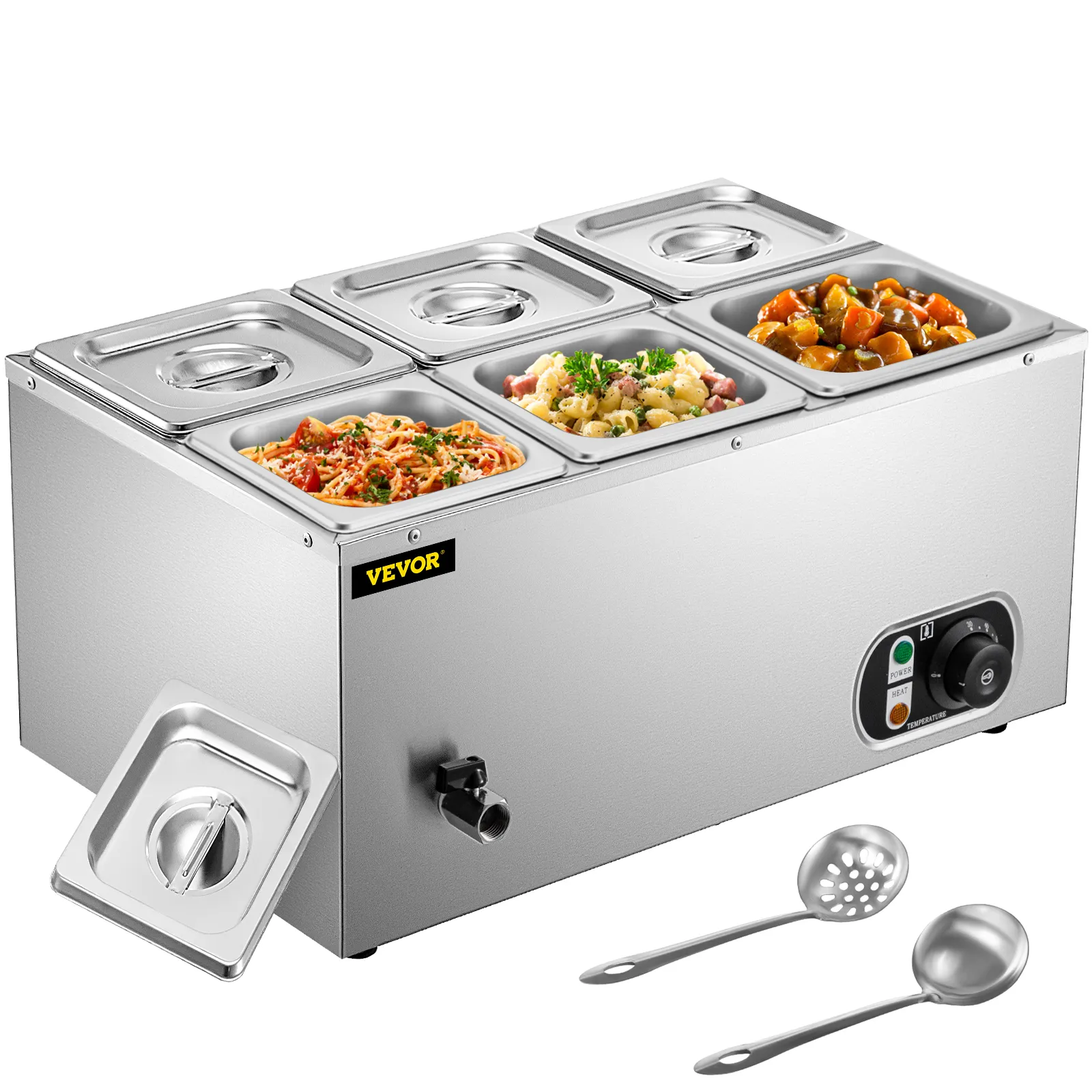 Calentador de alimentos comercial VEVOR con cuatro bandejas de platos variados y dos cucharas para servir.