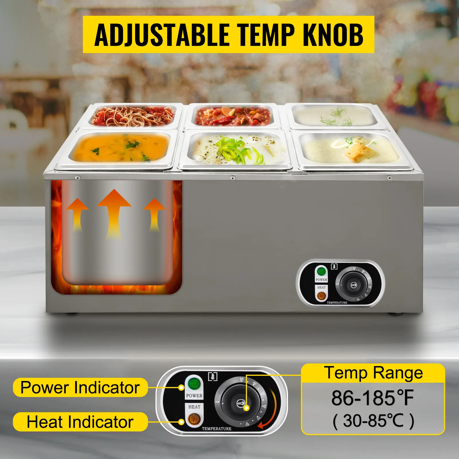 Calentador de alimentos comercial VEVOR con perilla de temperatura ajustable y múltiples contenedores de alimentos.