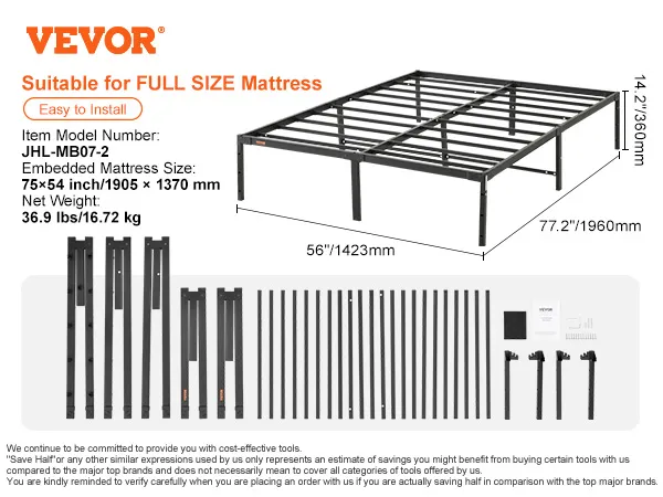 VEVOR 14 inch metal bed frame for full size mattress with assembly parts and dimensions.