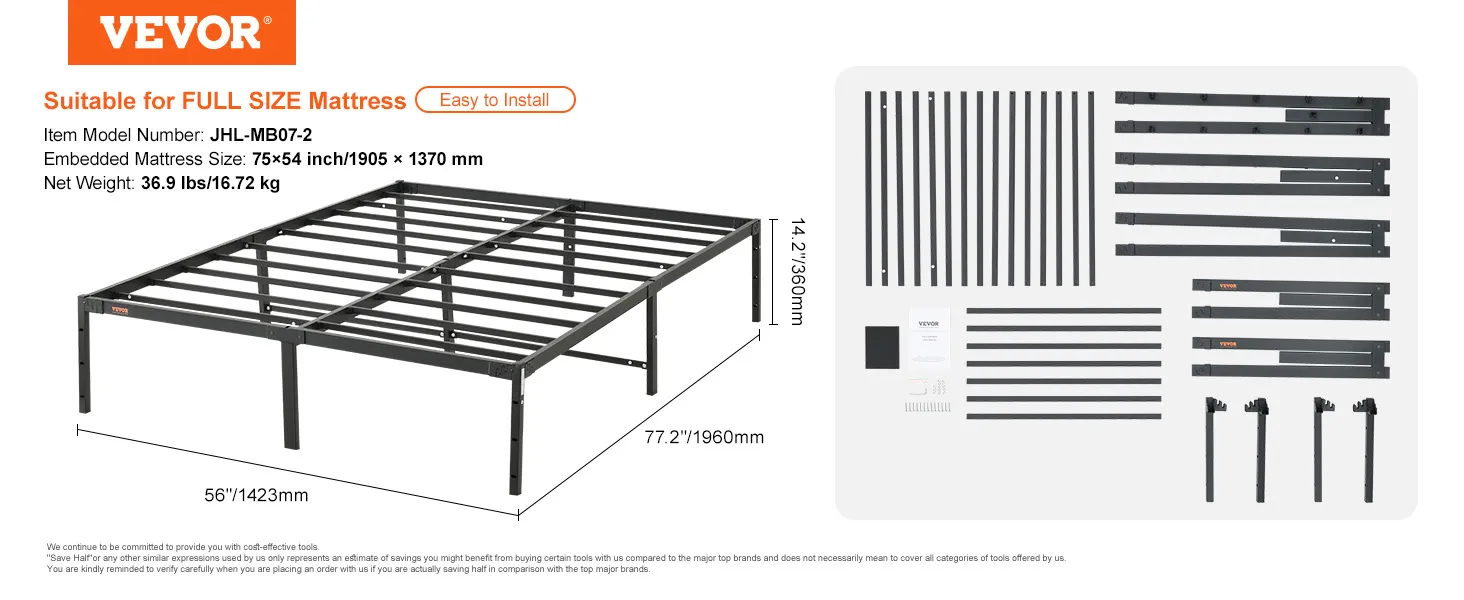 VEVOR 14 inch metal bed frame for full size mattress with assembly parts and dimensions.