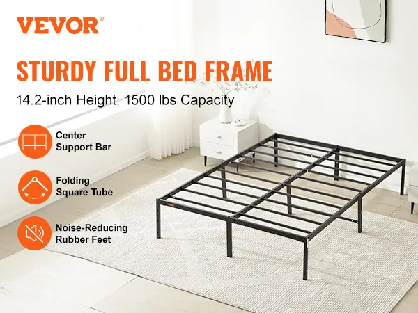 VEVOR 14 inch metal bed frame, full size, 1500 lbs capacity, 14.2-inch height, black, in modern bedroom.