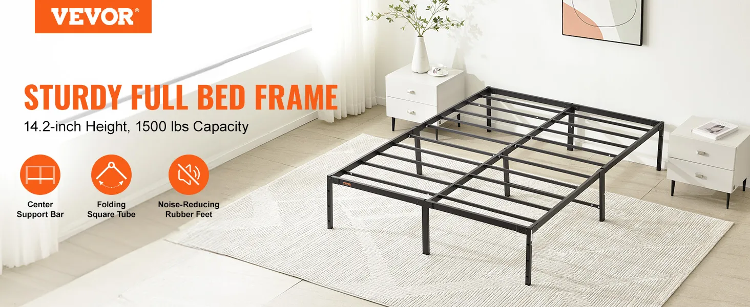 VEVOR 14 inch metal bed frame, full size, 1500 lbs capacity, 14.2-inch height, black, in modern bedroom.
