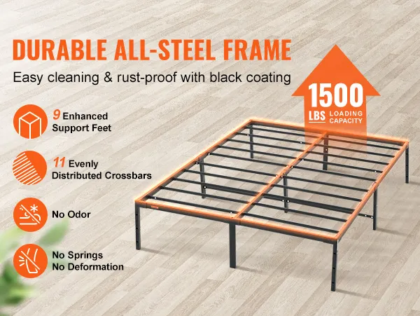 VEVOR 14 inch metal bed frame with 1500 lbs loading capacity, durable steel, black coating, no odor.