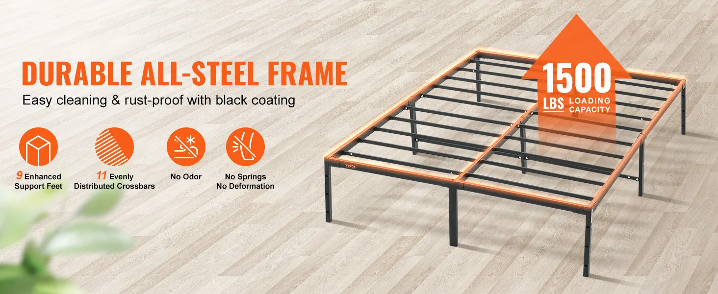 VEVOR 14 inch metal bed frame with 1500 lbs loading capacity, durable steel, black coating, no odor.