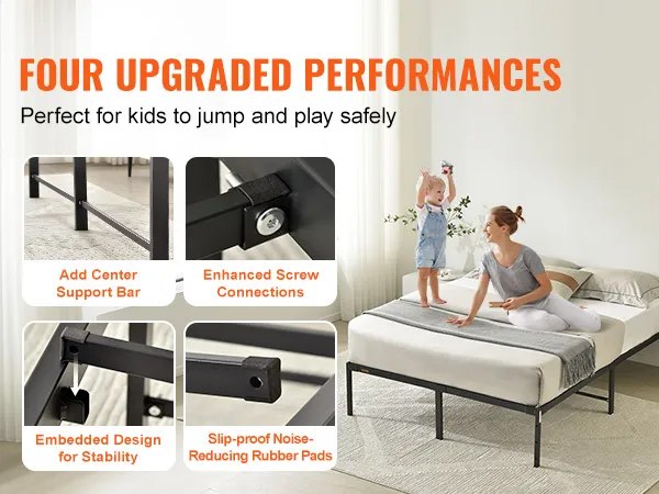 VEVOR 14 inch metal bed frame with center support bar, enhanced screws, and noise-reducing rubber pads.