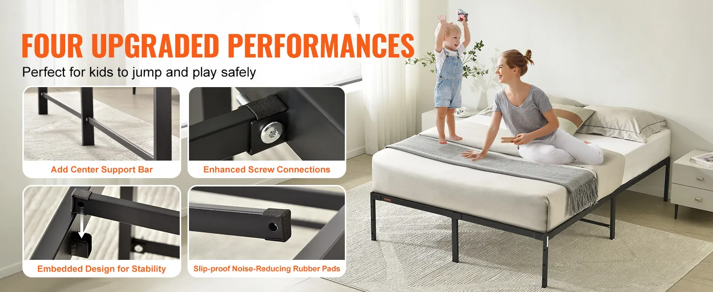 VEVOR 14 inch metal bed frame with center support bar, enhanced screws, and noise-reducing rubber pads.