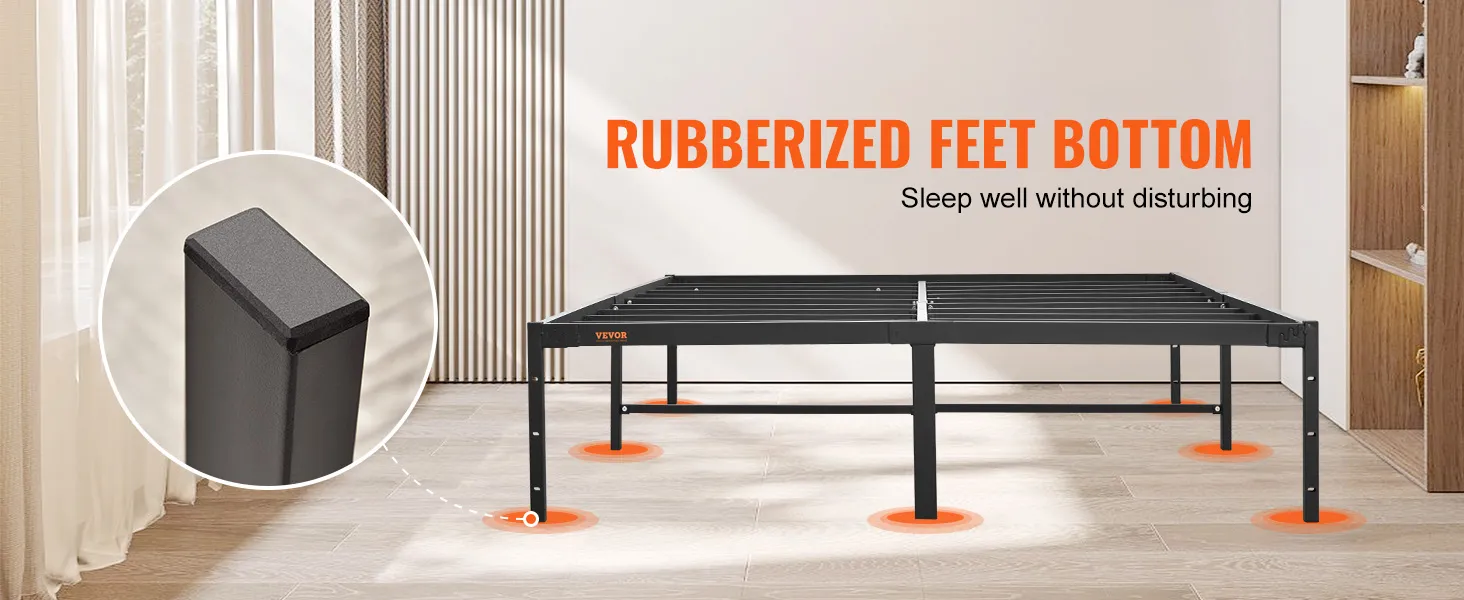 VEVOR 14 inch metal bed frame with rubberized feet bottom for disturbance-free sleep.