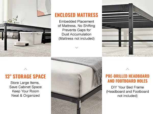 VEVOR 14 inch metal bed frame with 13" storage space, enclosed mattress design, and pre-drilled holes.