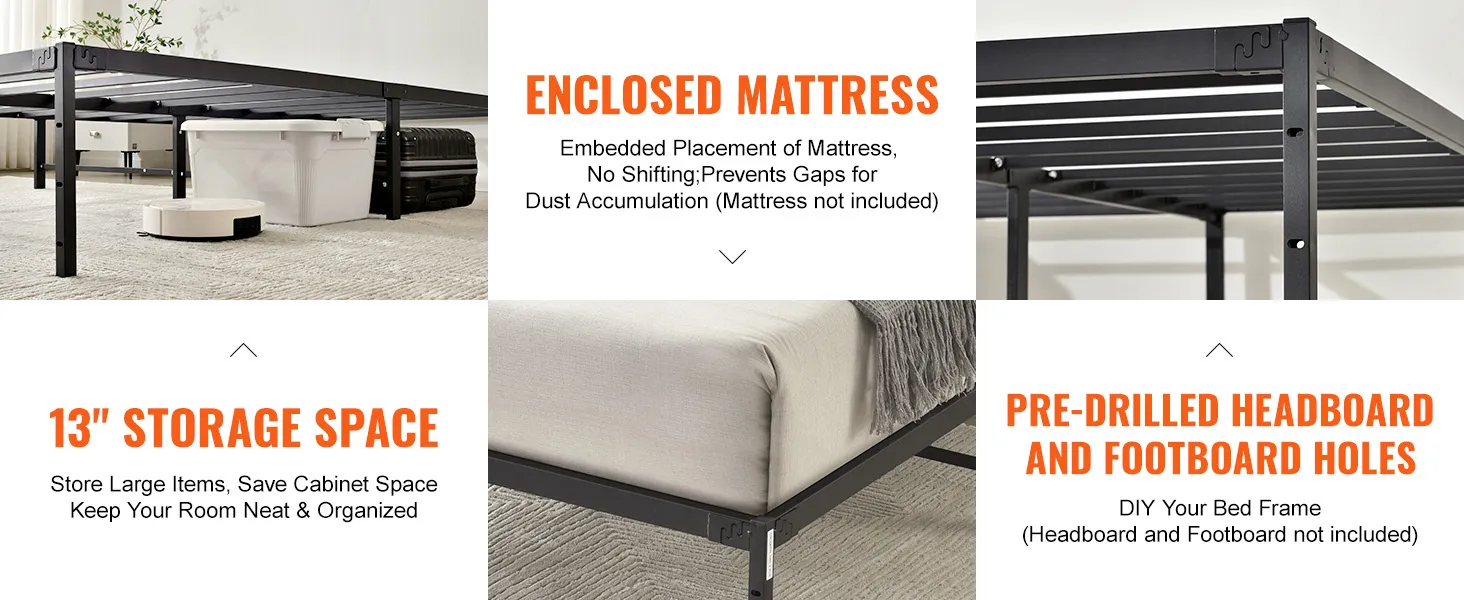 VEVOR 14 inch metal bed frame with 13" storage space, enclosed mattress design, and pre-drilled holes.