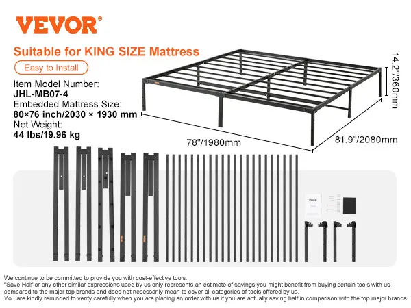 VEVOR king metal bed frame, 14.2-inch height, 78x81.9 inches, easy to install, includes assembly parts.