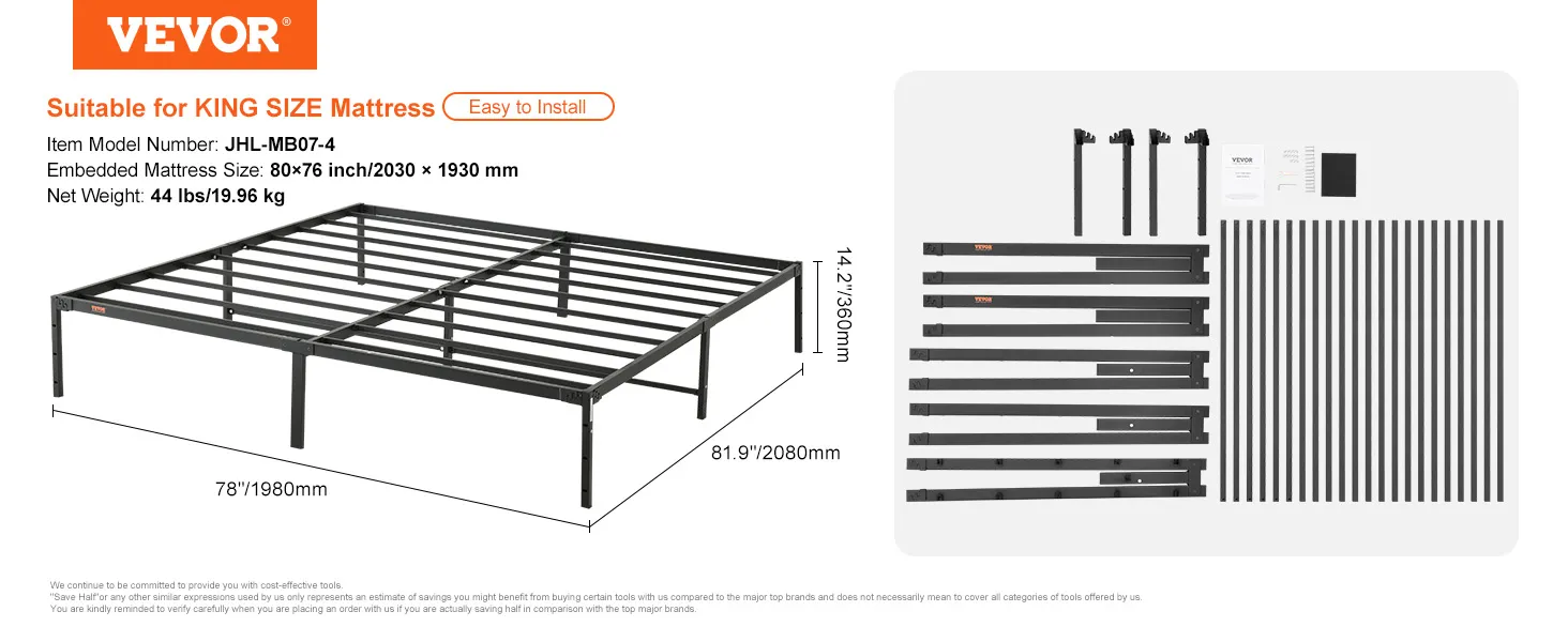 VEVOR king metal bed frame, 14.2-inch height, 78x81.9 inches, easy to install, includes assembly parts.