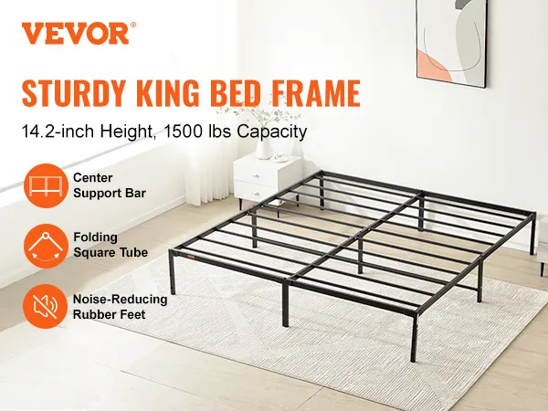 VEVOR king metal bed frame in a bright room, featuring a sturdy design with 14.2-inch height and 1500 lbs capacity.