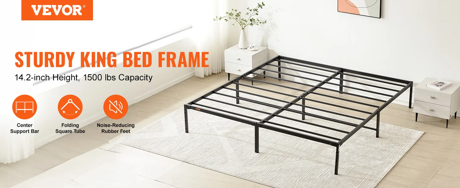 VEVOR king metal bed frame in a bright room, featuring a sturdy design with 14.2-inch height and 1500 lbs capacity.