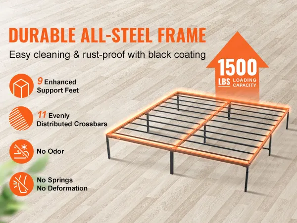 VEVOR king metal bed frame with 11 crossbars, 9 support feet, 1500 lbs capacity, black coating.