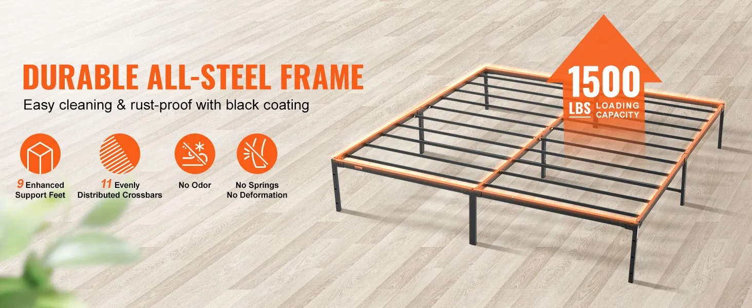 VEVOR king metal bed frame with 11 crossbars, 9 support feet, 1500 lbs capacity, black coating.