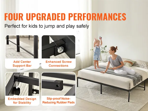 four upgraded features of the VEVOR king metal bed frame: center support bar, screw connections, embedded design, rubber pads.