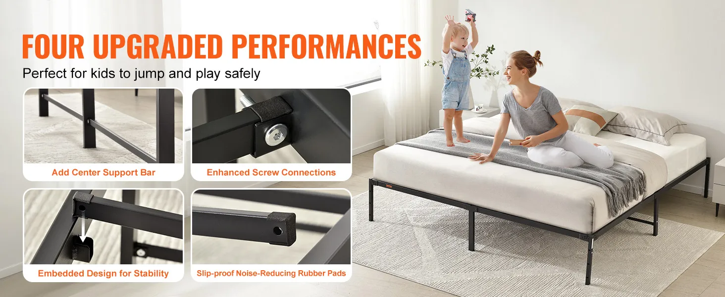 four upgraded features of the VEVOR king metal bed frame: center support bar, screw connections, embedded design, rubber pads.