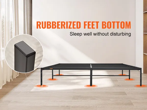 VEVOR king metal bed frame featuring rubberized feet for noise reduction and stability on a hardwood floor.