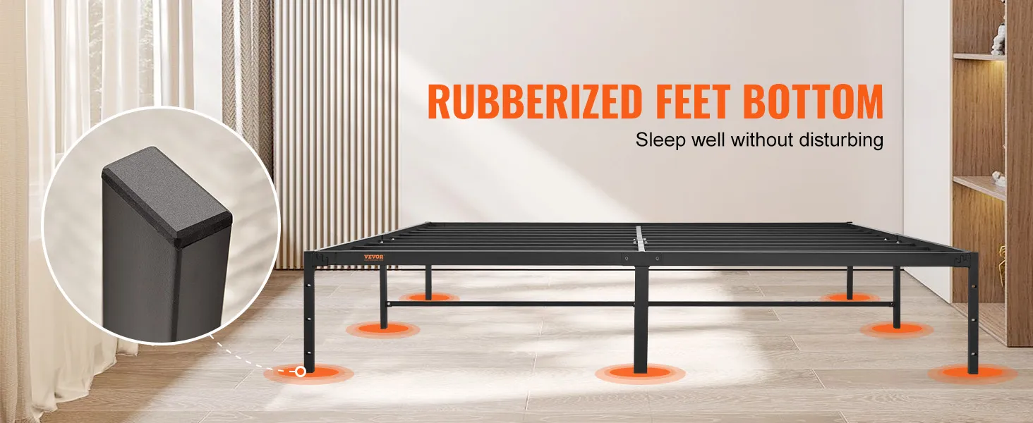 VEVOR king metal bed frame featuring rubberized feet for noise reduction and stability on a hardwood floor.