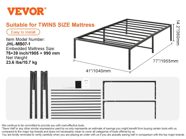 VEVOR 14 inch twin metal bed frame with dimensions and assembly layout for twin size mattress.