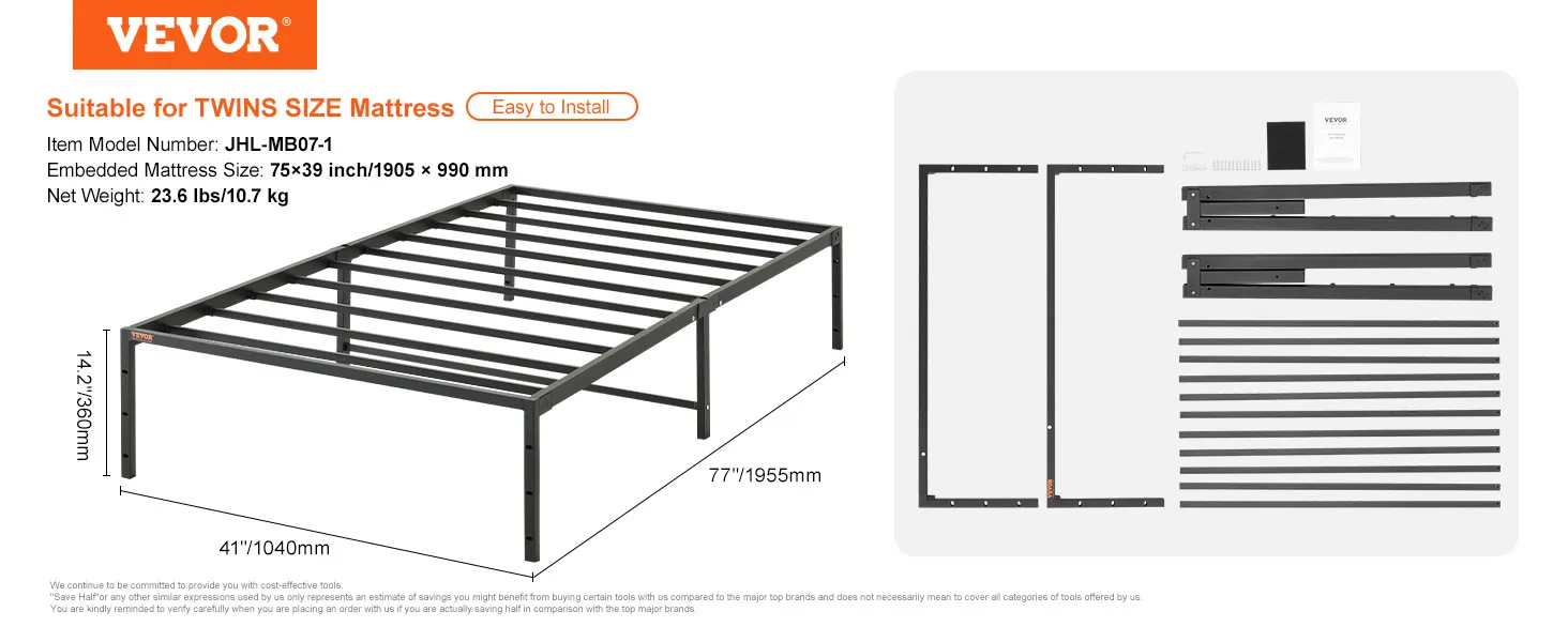 VEVOR 14 inch twin metal bed frame with dimensions and assembly layout for twin size mattress.