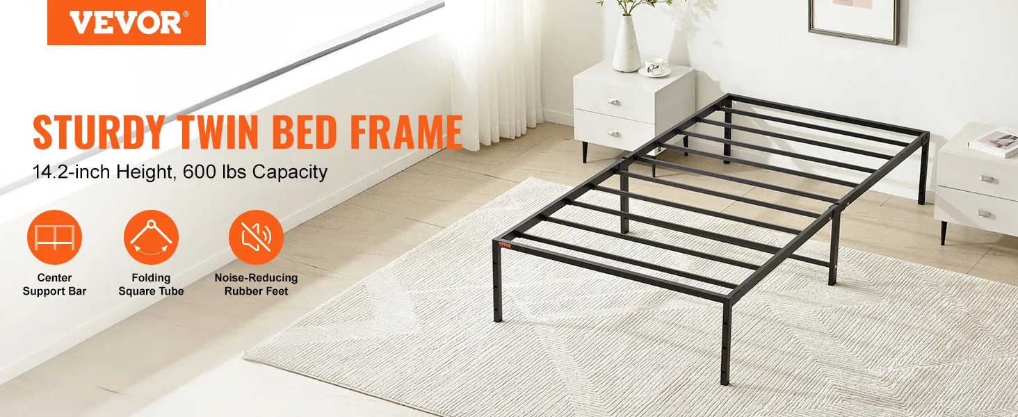 VEVOR 14 inch twin metal bed frame with center support bar, folding square tube, and noise-reducing rubber feet.