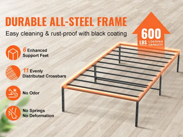 VEVOR 14 inch twin metal bed frame with all-steel construction, 600 lbs loading capacity, black coating.