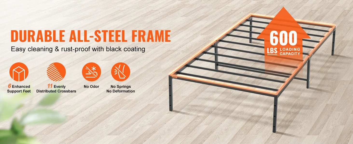 VEVOR 14 inch twin metal bed frame with all-steel construction, 600 lbs loading capacity, black coating.