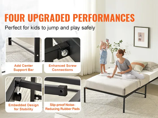 VEVOR 14 inch twin metal bed frame showcasing center support bar, screw connections, and stability features.