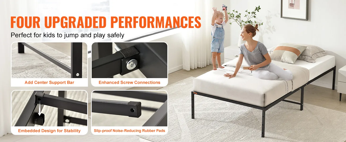 VEVOR 14 inch twin metal bed frame showcasing center support bar, screw connections, and stability features.