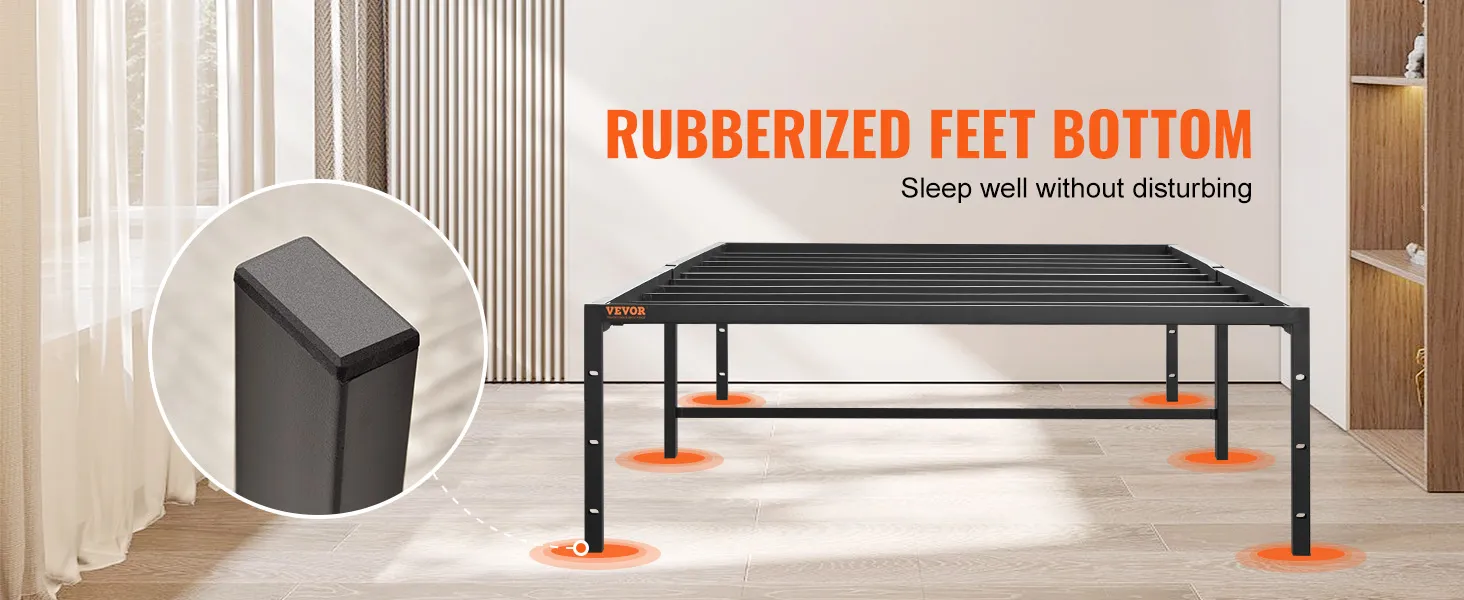 VEVOR 14 inch twin metal bed frame with rubberized feet for non-slip, noise-free support in modern room.