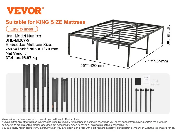 VEVOR metal bed frame for full-size mattress, dimensions 77"x56"x18", easy to install.