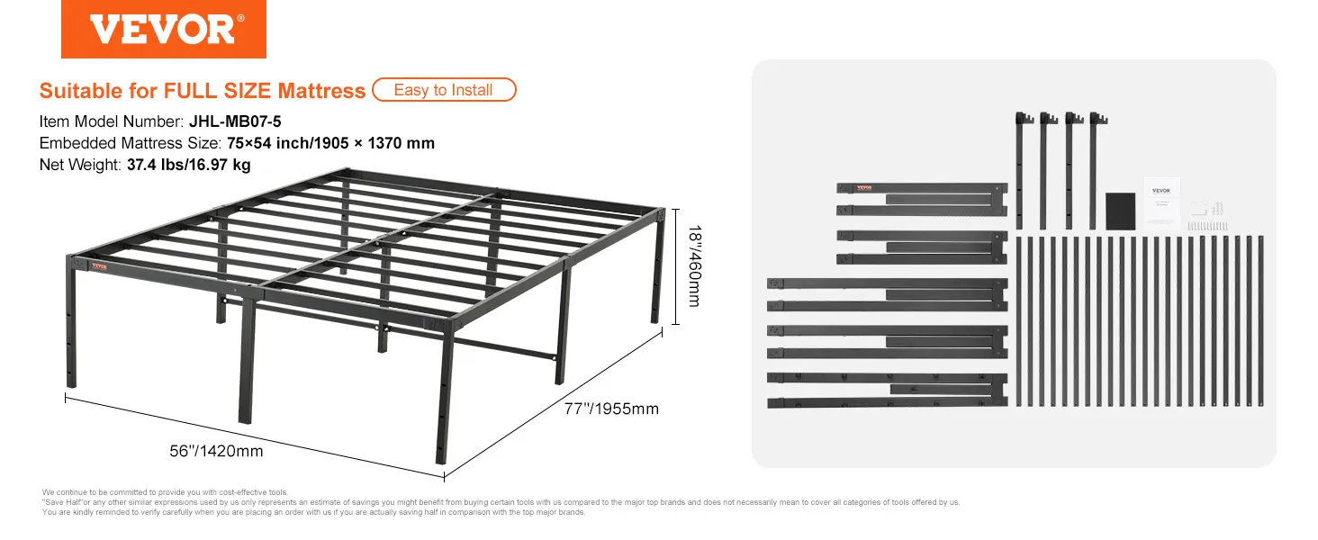 VEVOR metal bed frame for full-size mattress, dimensions 77"x56"x18", easy to install.