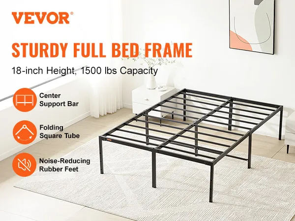VEVOR metal bed frame: sturdy full bed frame with center support bar, folding square tube, rubber feet.