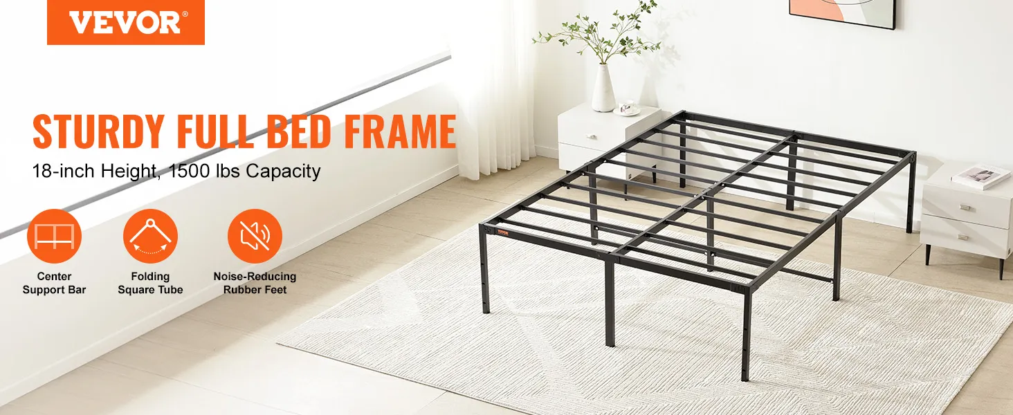 VEVOR metal bed frame: sturdy full bed frame with center support bar, folding square tube, rubber feet.
