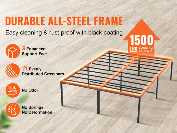VEVOR metal bed frame with durable all-steel frame, 1500 lbs load capacity, rust-proof coating.