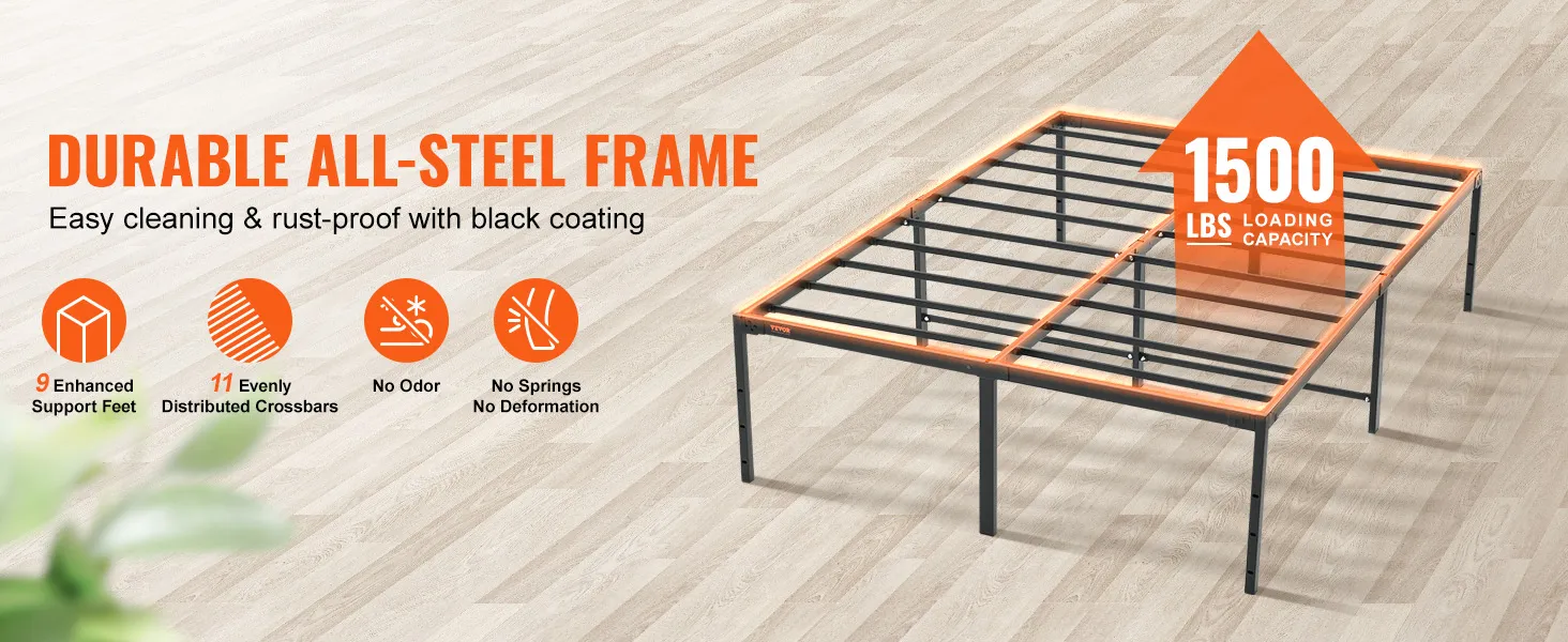 VEVOR metal bed frame with durable all-steel frame, 1500 lbs load capacity, rust-proof coating.
