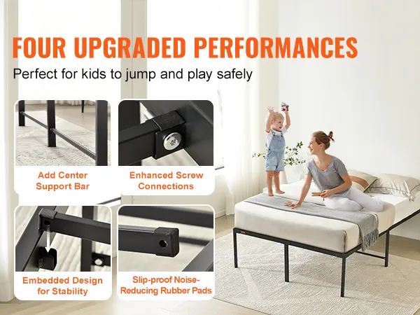 VEVOR metal bed frame with center support bar, enhanced screw connections, embedded stability